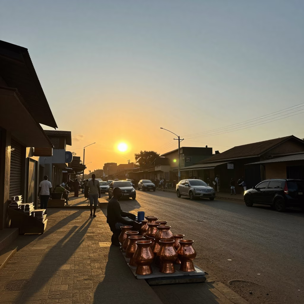 Nairobi Kenya Street Scene at Sunset with Copper Pots and Vintage Radio in in Nairobi, Kenya