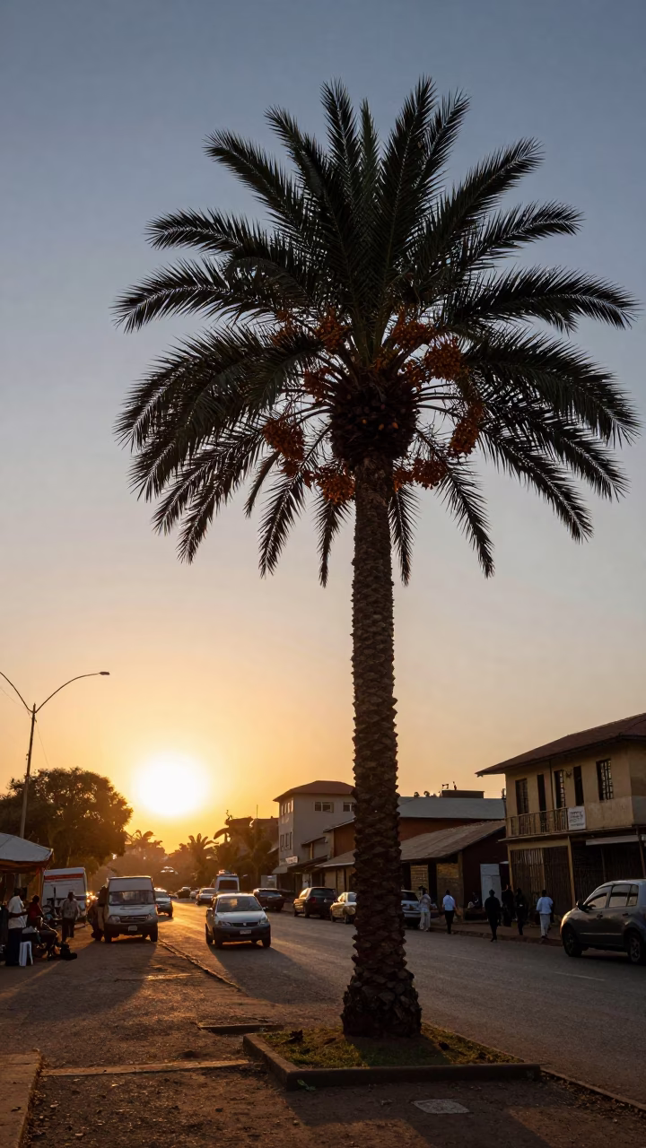 Nairobi Kenya Street Scene at Sunset with Date Palm and Lantern in in Nairobi, Kenya