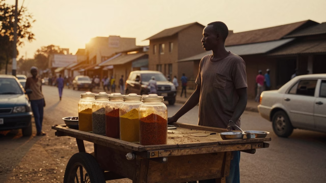 Nairobi Kenya street scene at sunset with local vendor and traditional elements in in Nairobi, Kenya