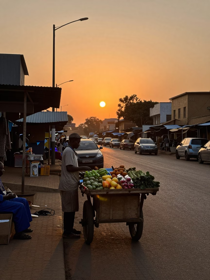 Nairobi Kenya street scene at sunset with market stalls and daily life in in Nairobi, Kenya