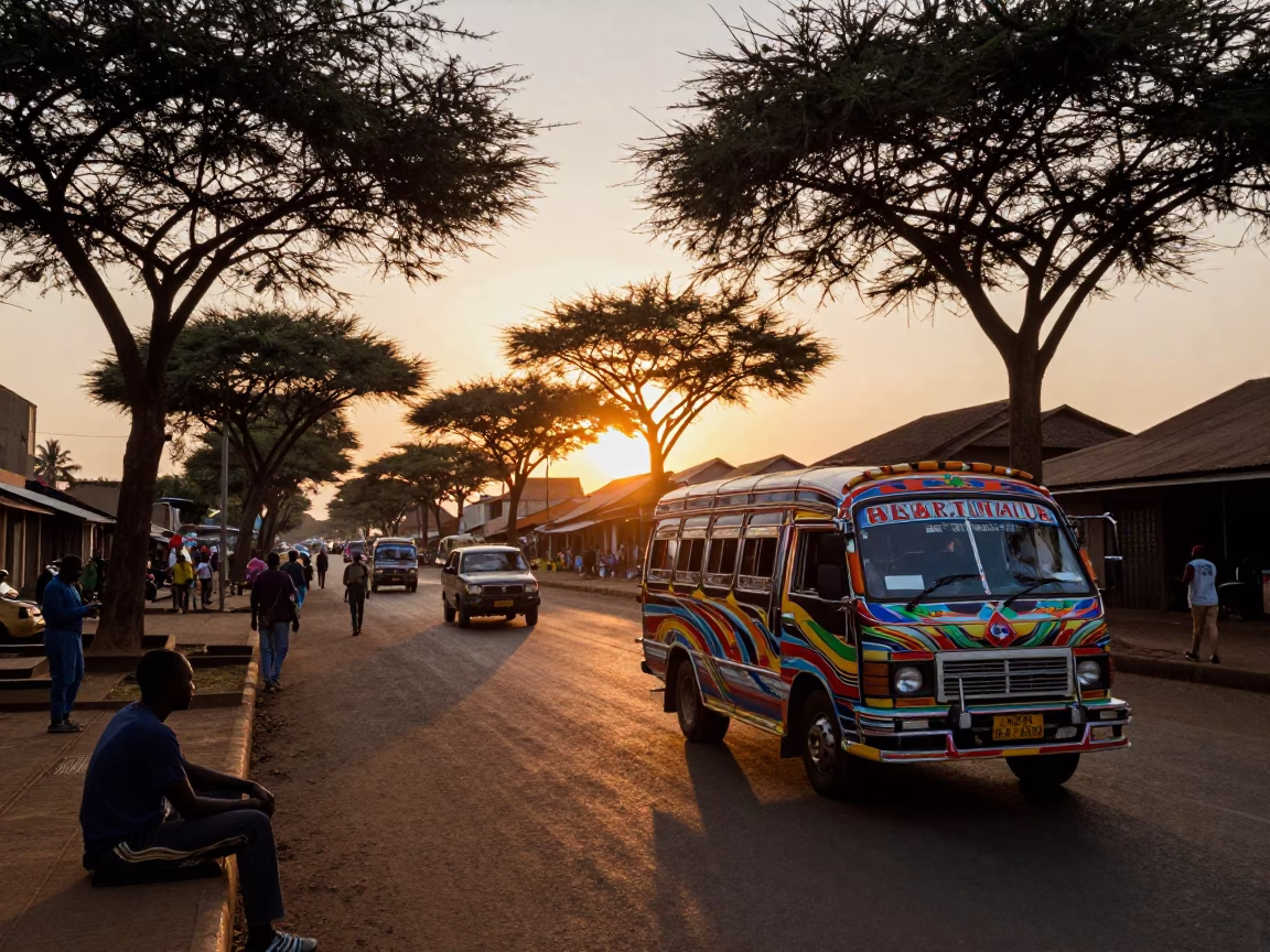 Nairobi Kenya Street Scene at Sunset with Matatu and Pedestrians in in Nairobi, Kenya