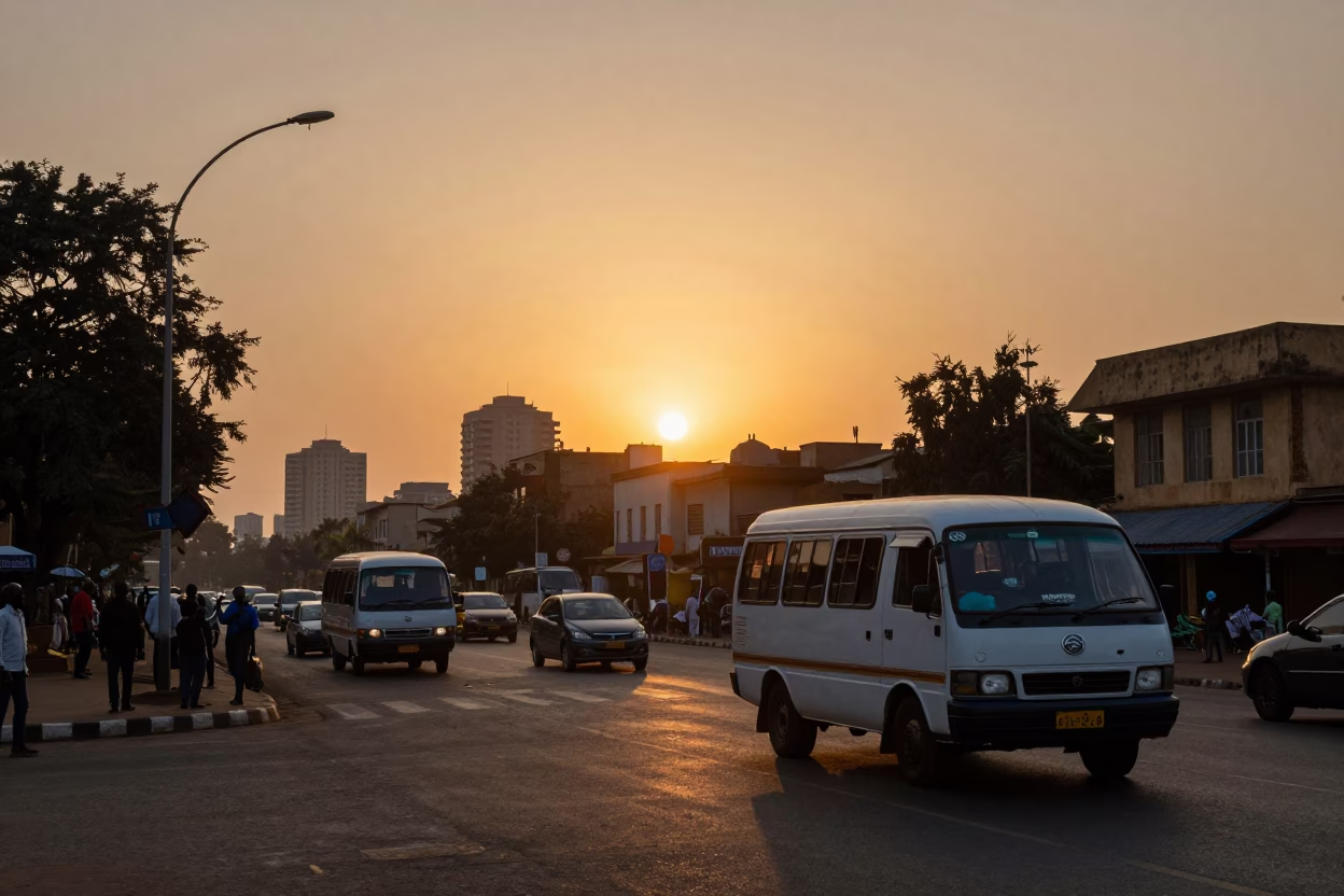 Nairobi Kenya street scene at sunset with matatu bus and pedestrians in in Nairobi, Kenya
