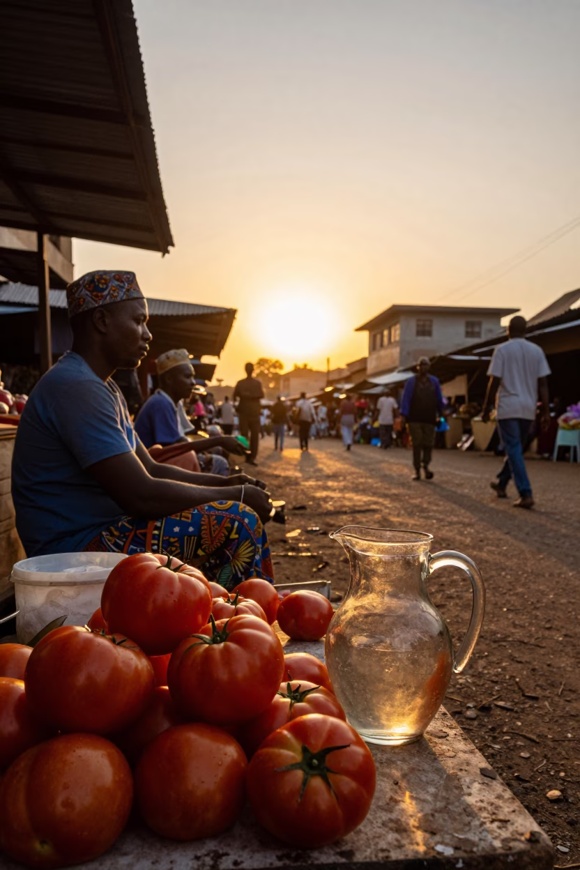 Nairobi Kenya Street Scene at Sunset with Tomatoes and Pitcher in in Nairobi, Kenya