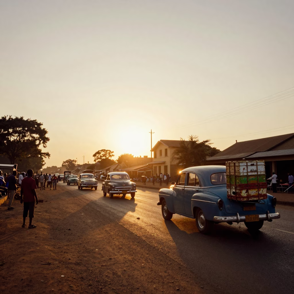 Nairobi Kenya street scene at sunset with vintage car rally and painted crate in in Nairobi, Kenya