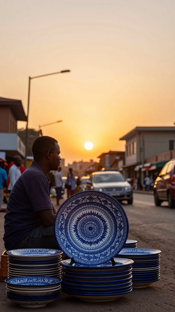 Nairobi Kenya street scene at sunset with vintage majolica plate and lantern in in Nairobi, Kenya