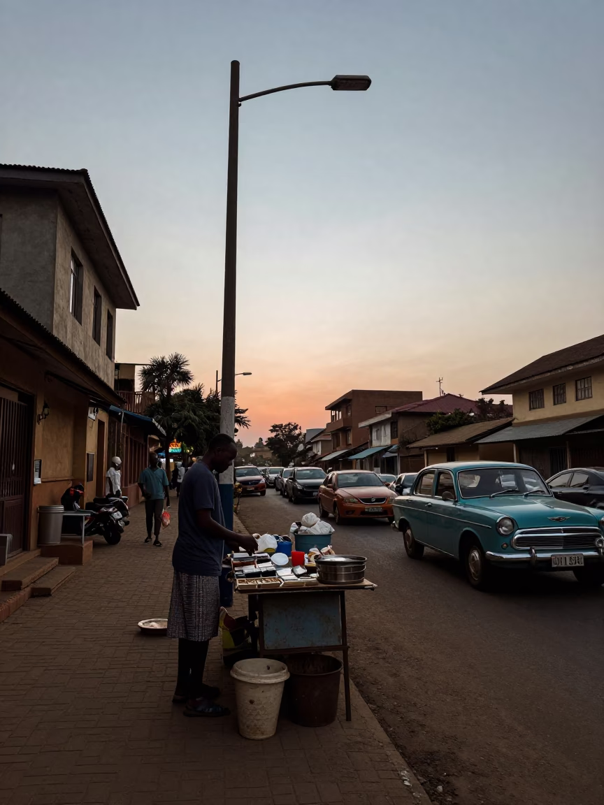 Nairobi Kenya Street Scene Before Dawn with Vendor and Vintage Items in in Nairobi, Kenya