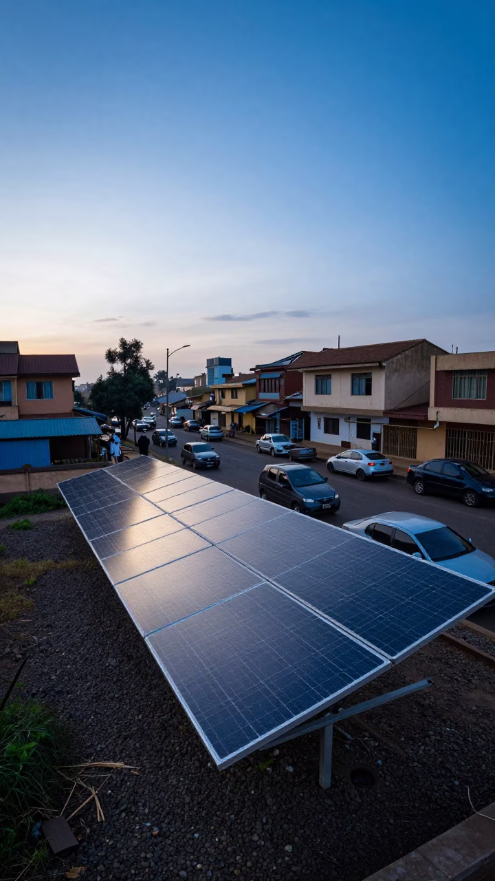 Nairobi Kenya street scene before sunrise with solar array and morning activity in in Nairobi, Kenya