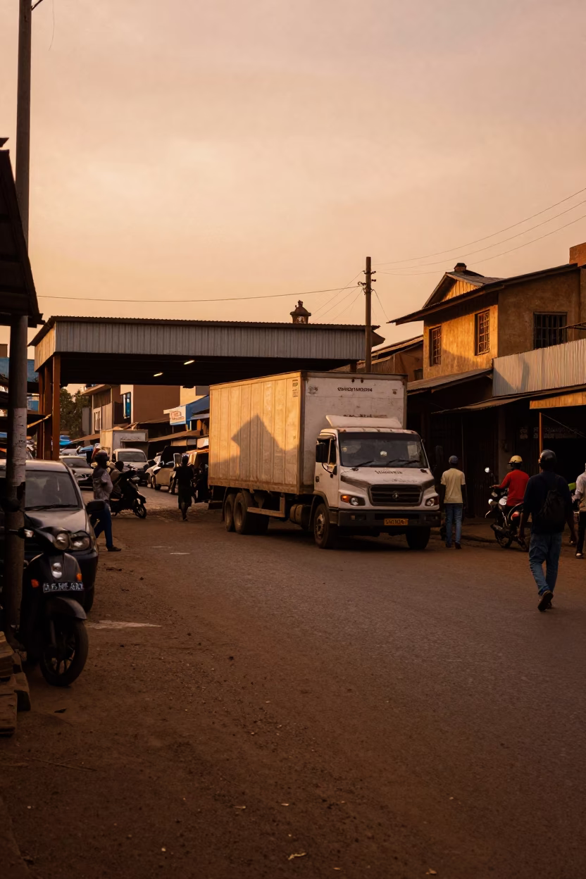 Nairobi Kenya Street Scene Copper Dusk Light with Loading Dock and Semi-Trailer Activity in in Nairobi, Kenya