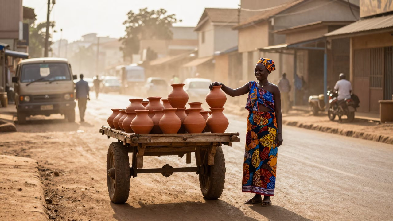 Nairobi Kenya street scene first light clay pot vendor smiling young boy in in Nairobi, Kenya