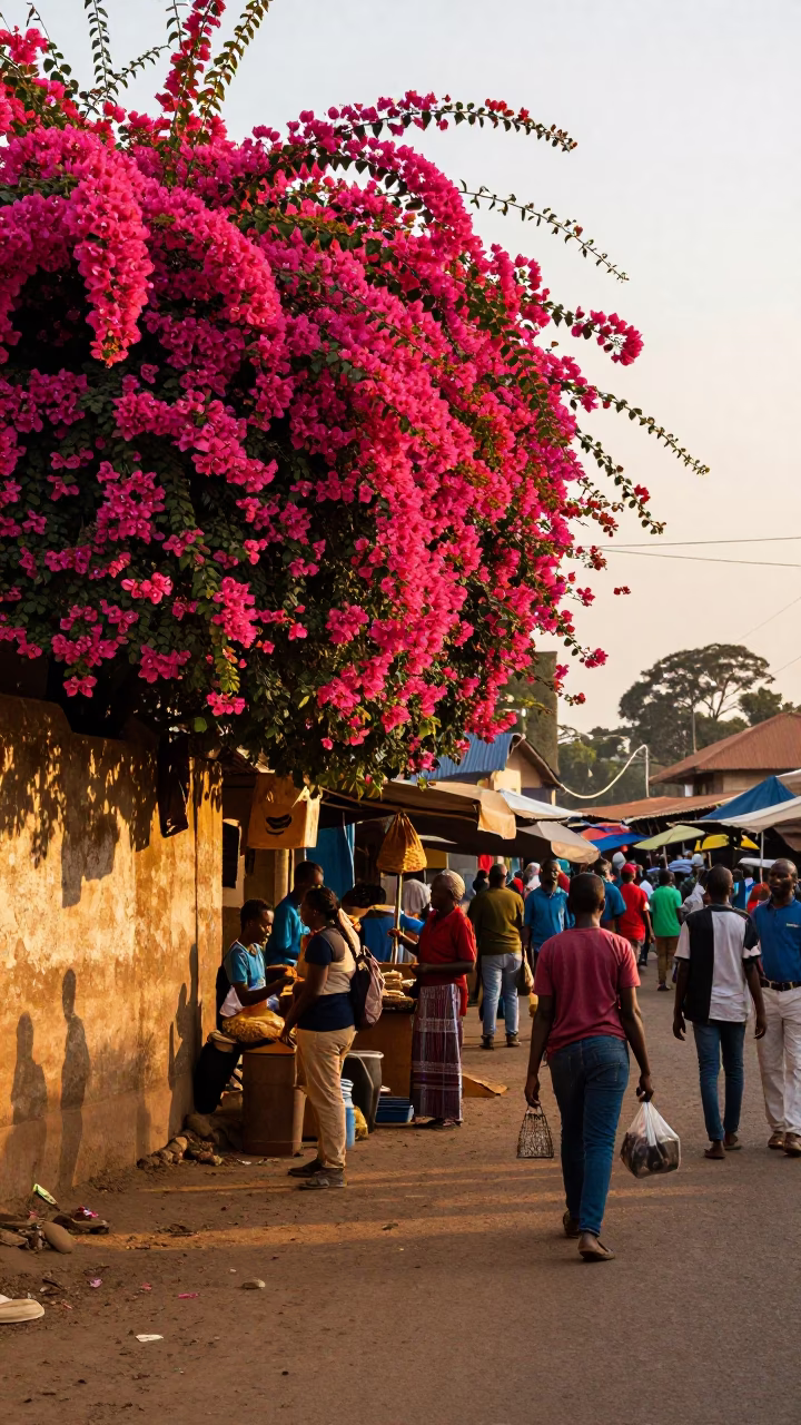 Nairobi Kenya Street Scene Golden Hour Bougainvillea and Local Market Activity in in Nairobi, Kenya