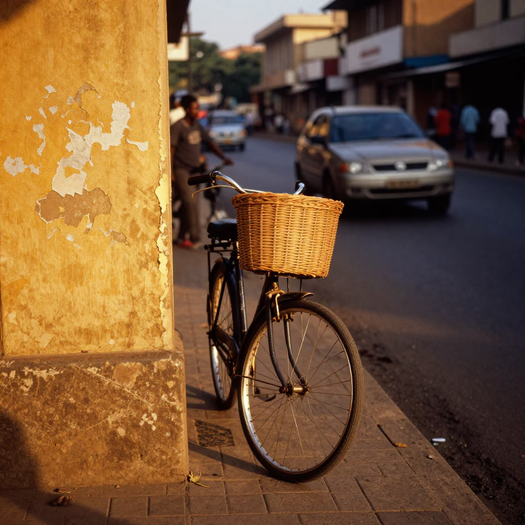 Nairobi Kenya street scene honeyed evening light with bicycle basket and bakery storefront in in Nairobi, Kenya