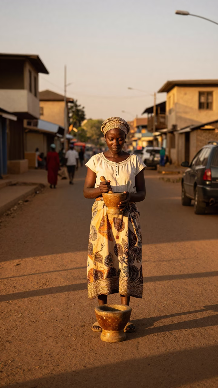Nairobi Kenya Street Scene Honeyed Evening Light with Mortar and Pestle in in Nairobi, Kenya