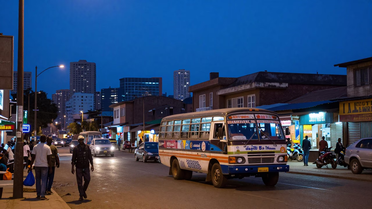 Nairobi Kenya street scene indigo twilight with local commerce and urban infrastructure in in Nairobi, Kenya