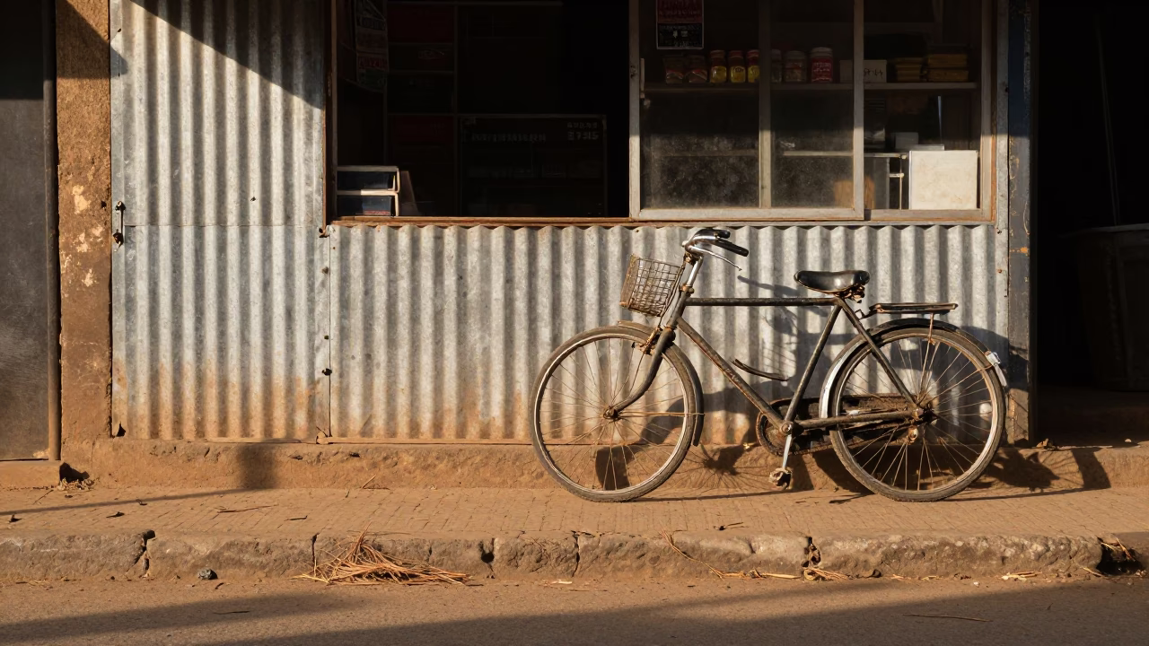 Nairobi Kenya Street Scene Just After Sunrise with Bicycle and Bakery Shop in in Nairobi, Kenya