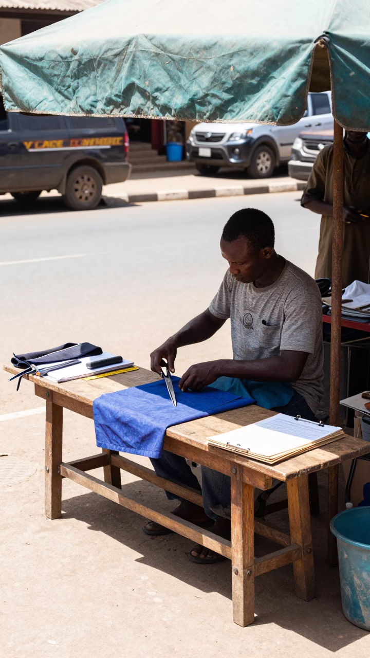 Nairobi Kenya Street Scene Midday Tailor Shears and Clipboard in Local Market in in Nairobi, Kenya
