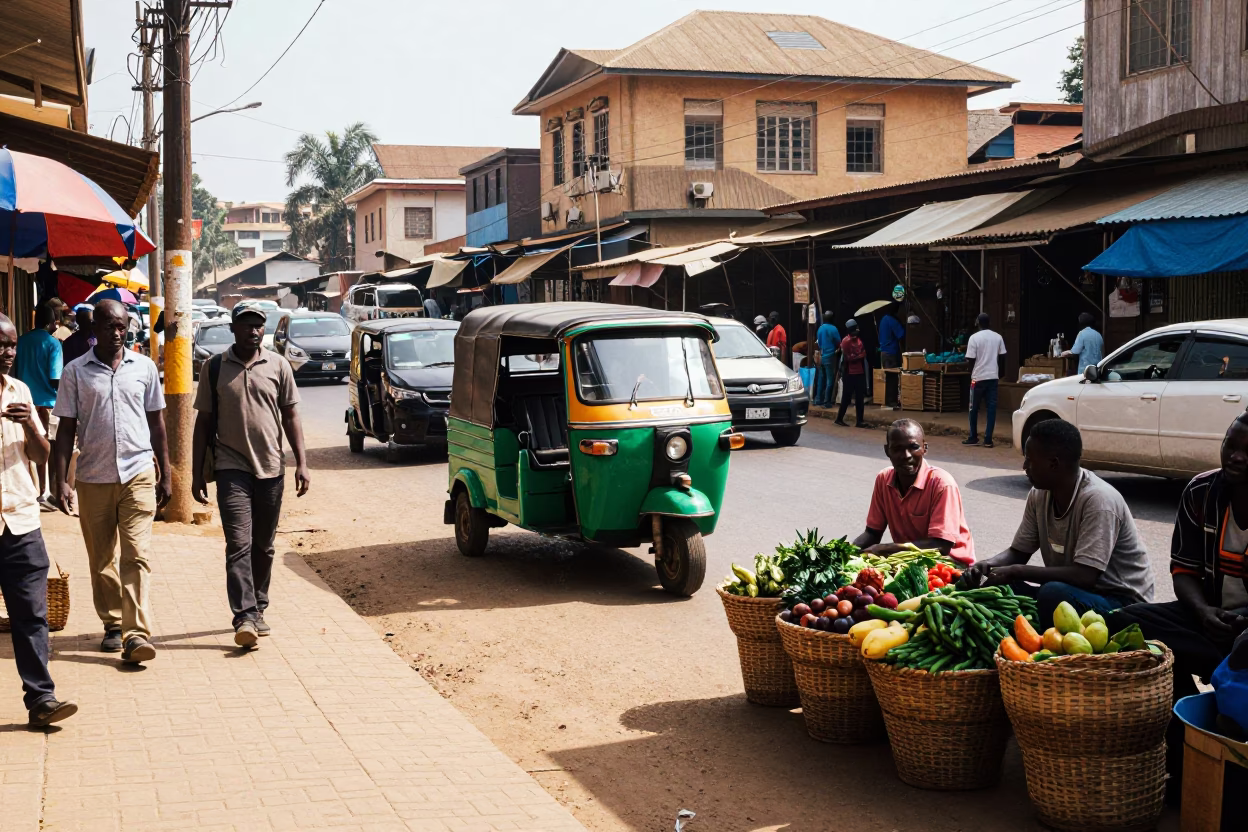 Nairobi Kenya Street Scene Midmorning Light with Tuktuk and Local Market Activity in in Nairobi, Kenya