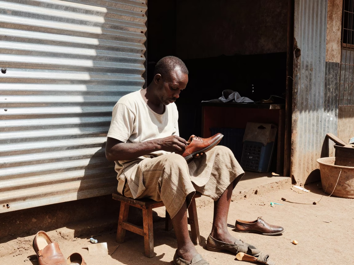 Nairobi Kenya Street Scene Noon Light Cobbler Repairing Shoes Under Flat Sunlight in in Nairobi, Kenya