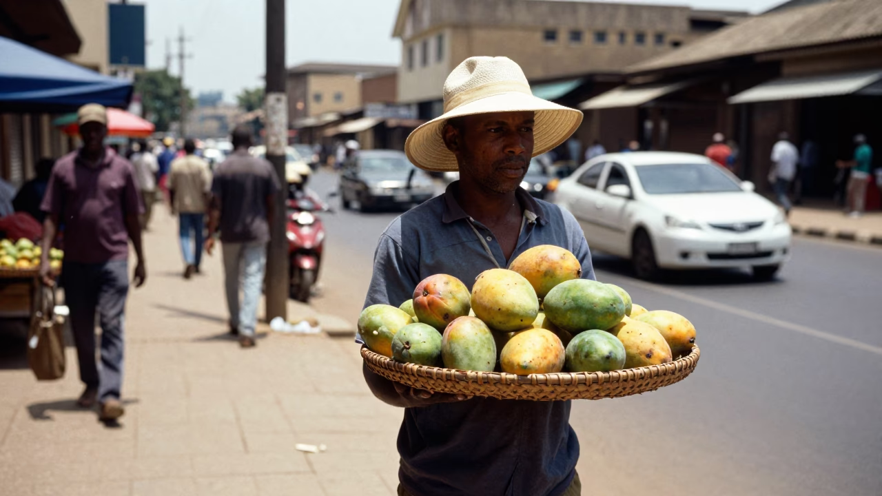 Nairobi Kenya Street Scene Noon Light Sun Hat Vendor Sidewalk Traffic in in Nairobi, Kenya