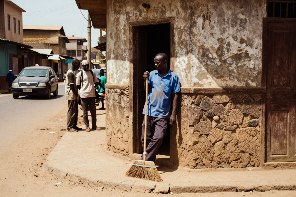 Nairobi Kenya Street Scene Under Noon Sun With Broom And Toolbox in in Nairobi, Kenya