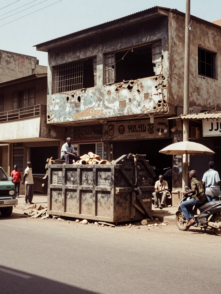 Nairobi Kenya Street Scene with Demolition Dumpster and Mandazi Vendor at Noon in in Nairobi, Kenya