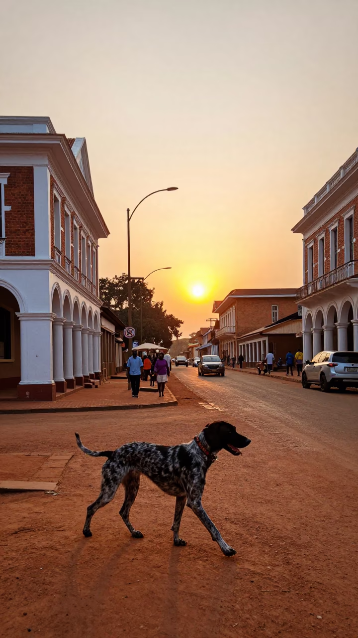 Nairobi Kenya street scene with German Shorthaired Pointer near colonial architecture at sunset in in Nairobi, Kenya