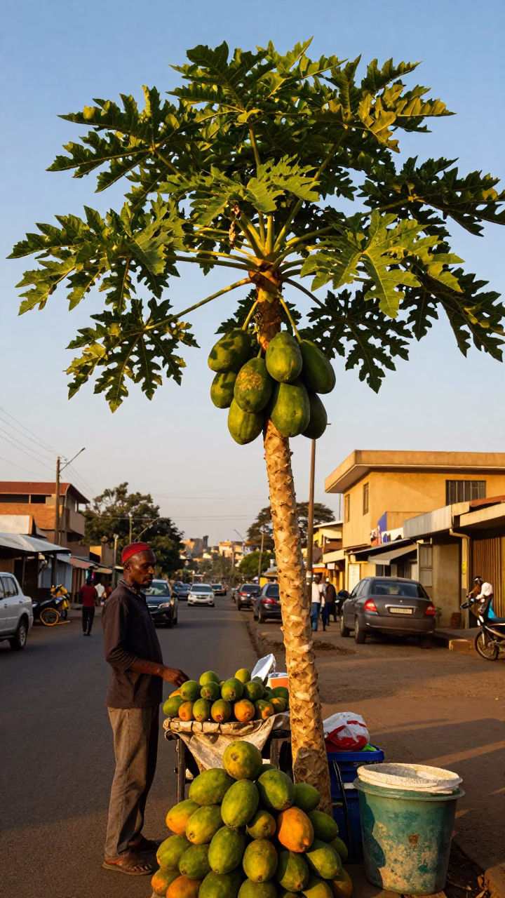 Nairobi Kenya street scene with papaya tree and evening light in in Nairobi, Kenya