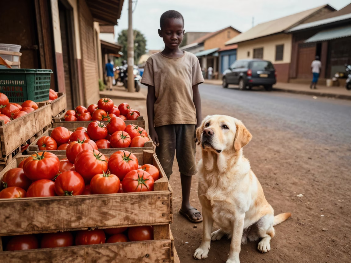 Nairobi Kenya Street Scene with Tomatoes and Labrador Retriever in Early Afternoon in in Nairobi, Kenya