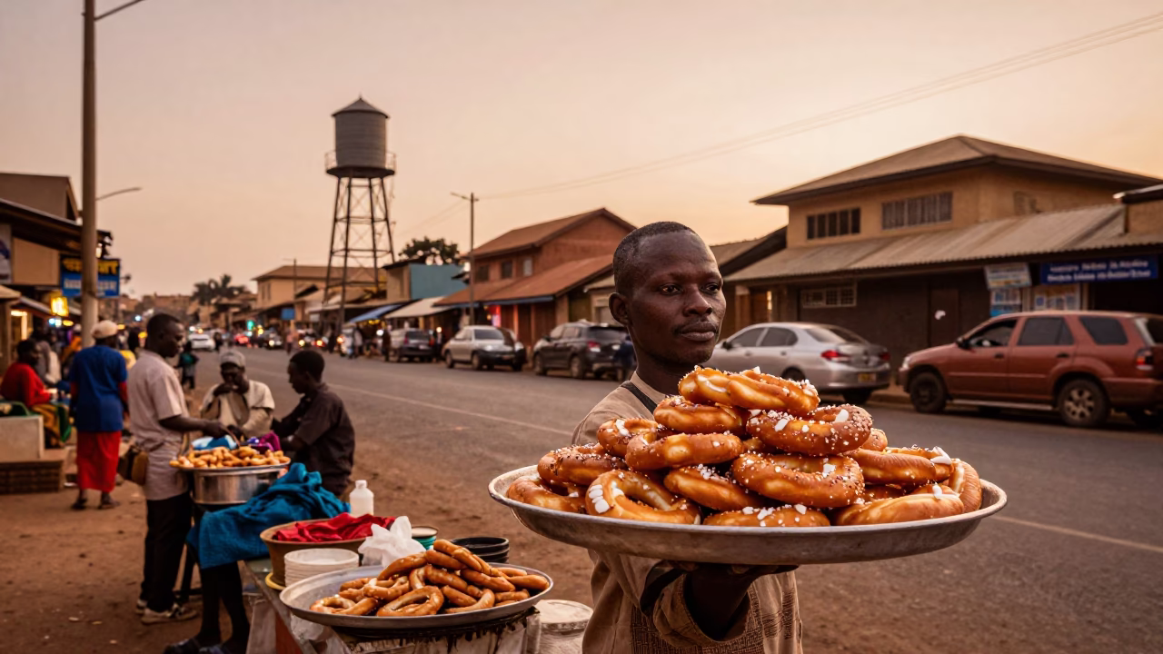 Nairobi Kenya Street Scene with Water Tower and Mandazi Vendor in Dusk Light in in Nairobi, Kenya