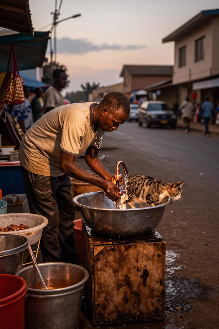 Nairobi Kenya street vendor copper light dusk tabby cat wash basin in in Nairobi, Kenya