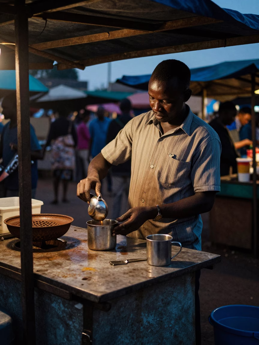 Nairobi Kenya street vendor predawn darkness market stall with cup and sink strainer in in Nairobi, Kenya