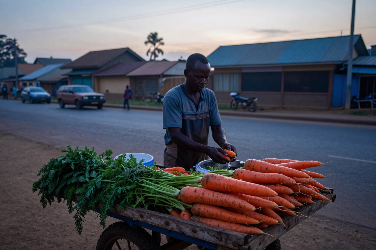 Nairobi Kenya Street Vendor Preparing Fresh Carrots Before Sunrise Dawn Light in in Nairobi, Kenya