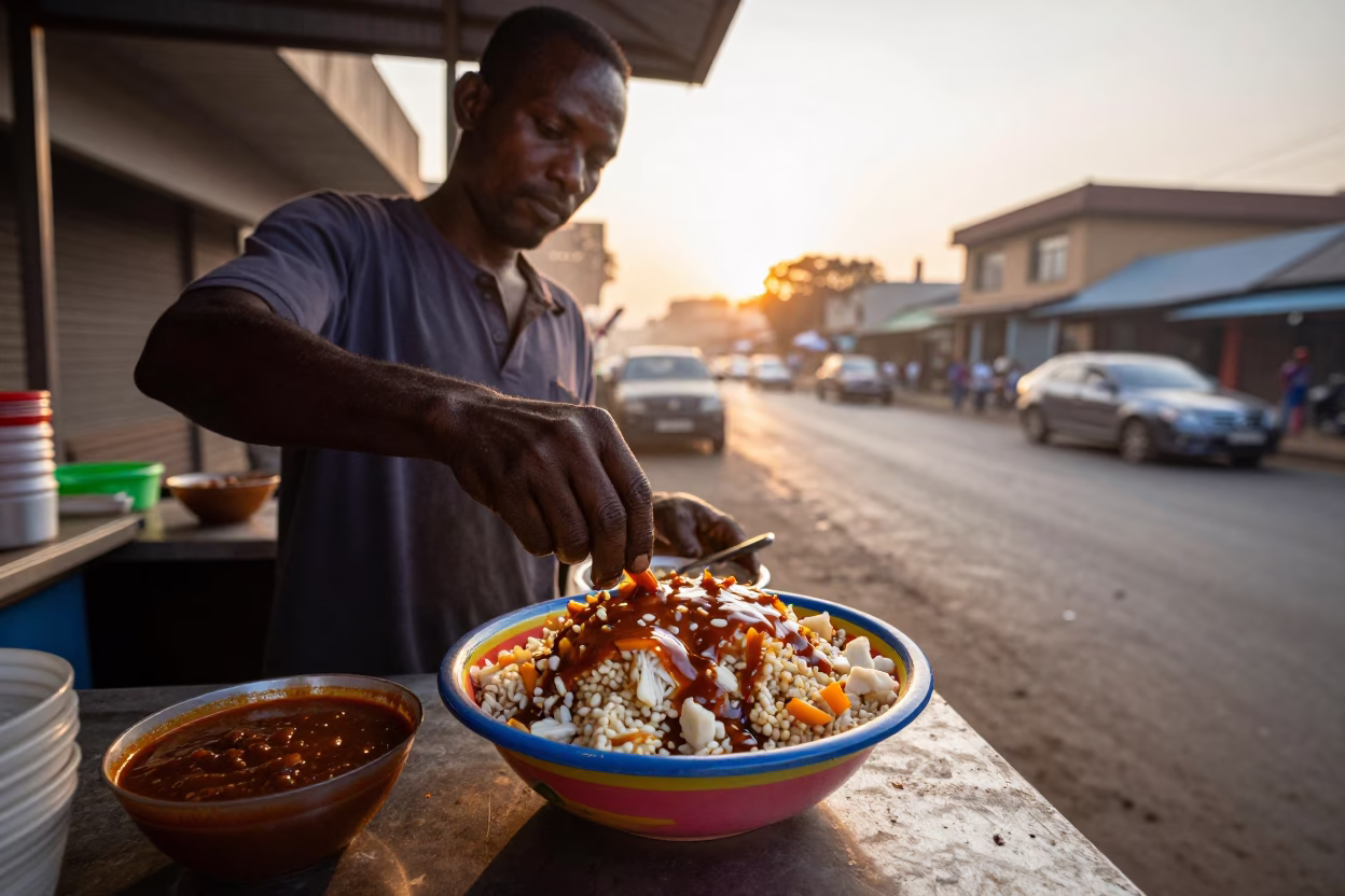 Nairobi Kenya street vendor preparing spicy chaat with tamarind chutney at nautical dawn in in Nairobi, Kenya