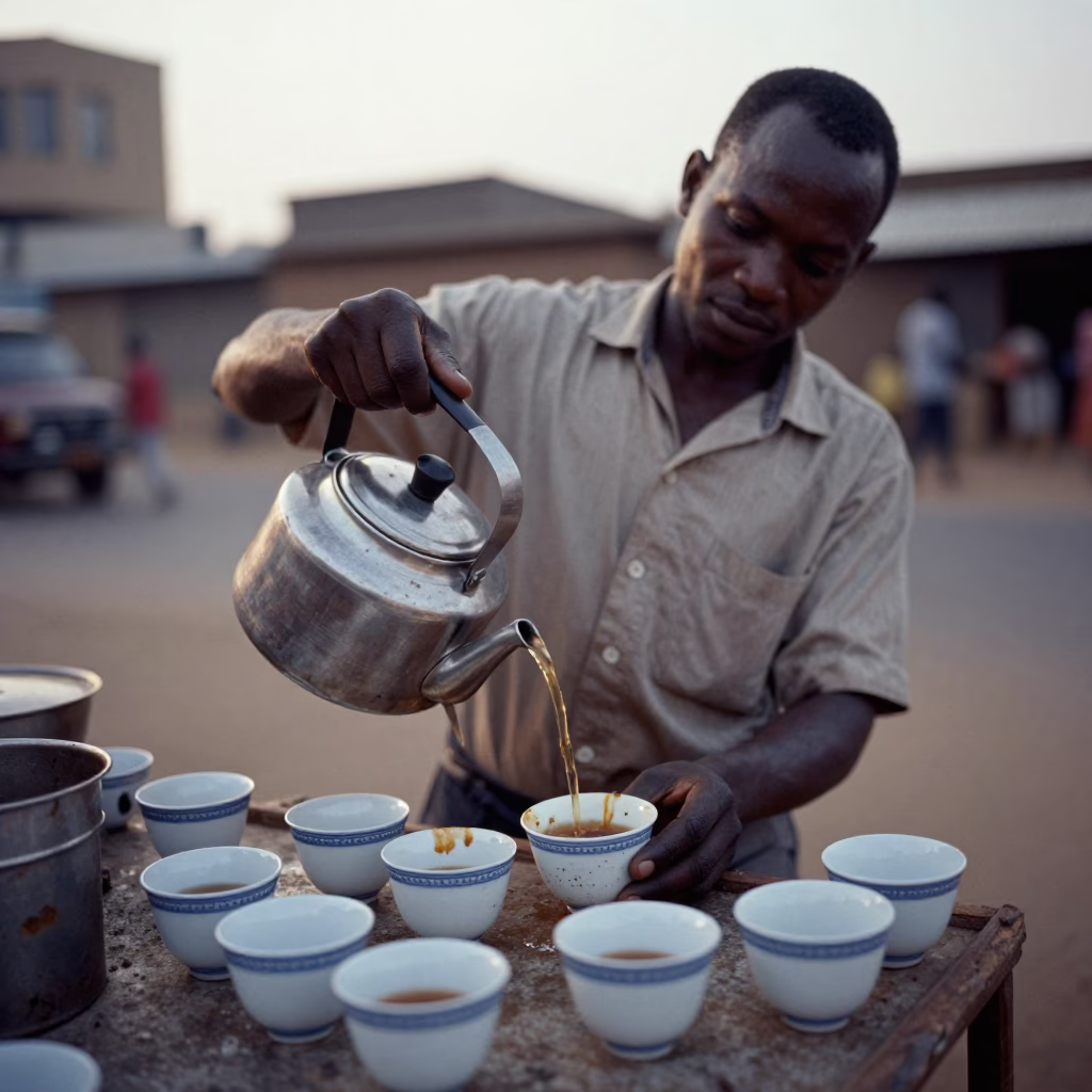 Nairobi Kenya street vendor preparing tea with ceramic cups at nautical dawn in in Nairobi, Kenya