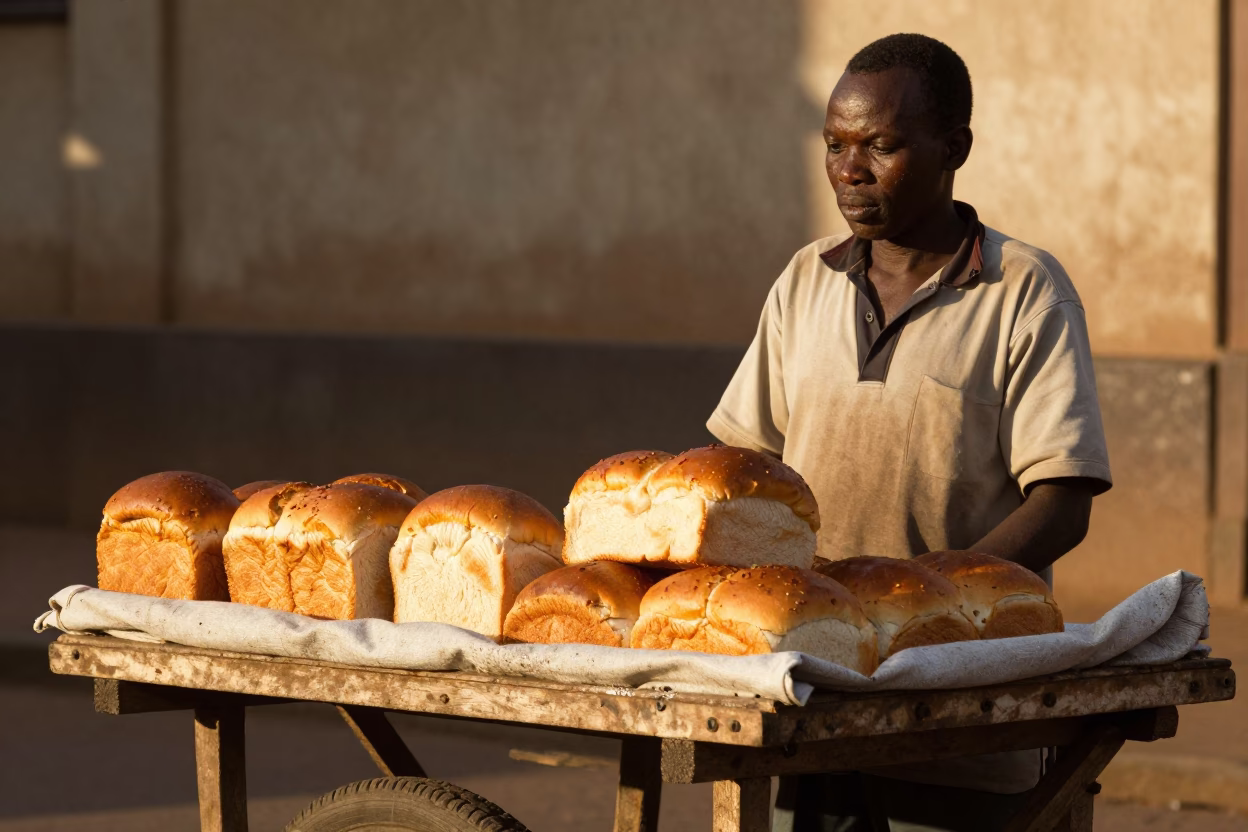Nairobi Kenya street vendor selling fresh bread loaves in honeyed evening light in in Nairobi, Kenya
