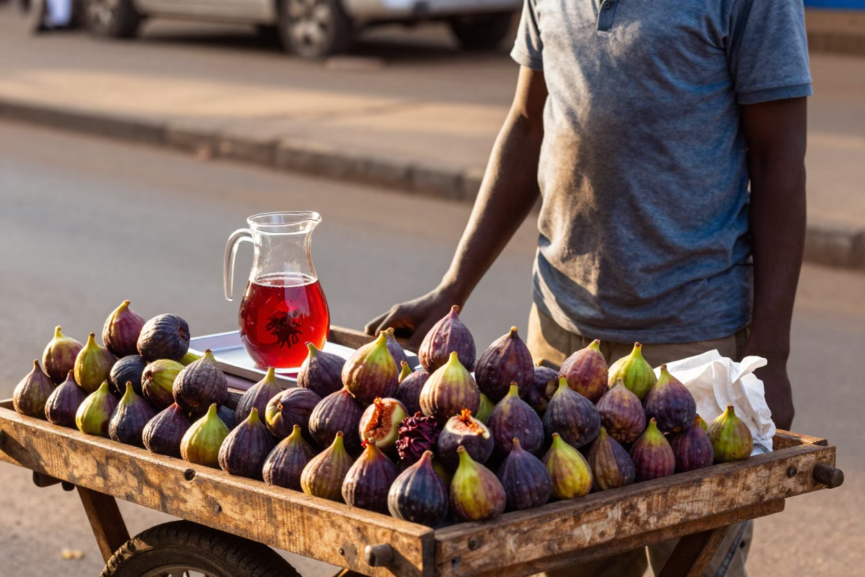 Nairobi Kenya street vendor selling fresh figs and hibiscus tea at dawn in in Nairobi, Kenya