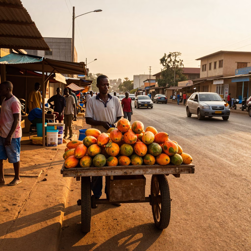Nairobi Kenya street vendor selling fresh papayas at golden hour before sunset in in Nairobi, Kenya