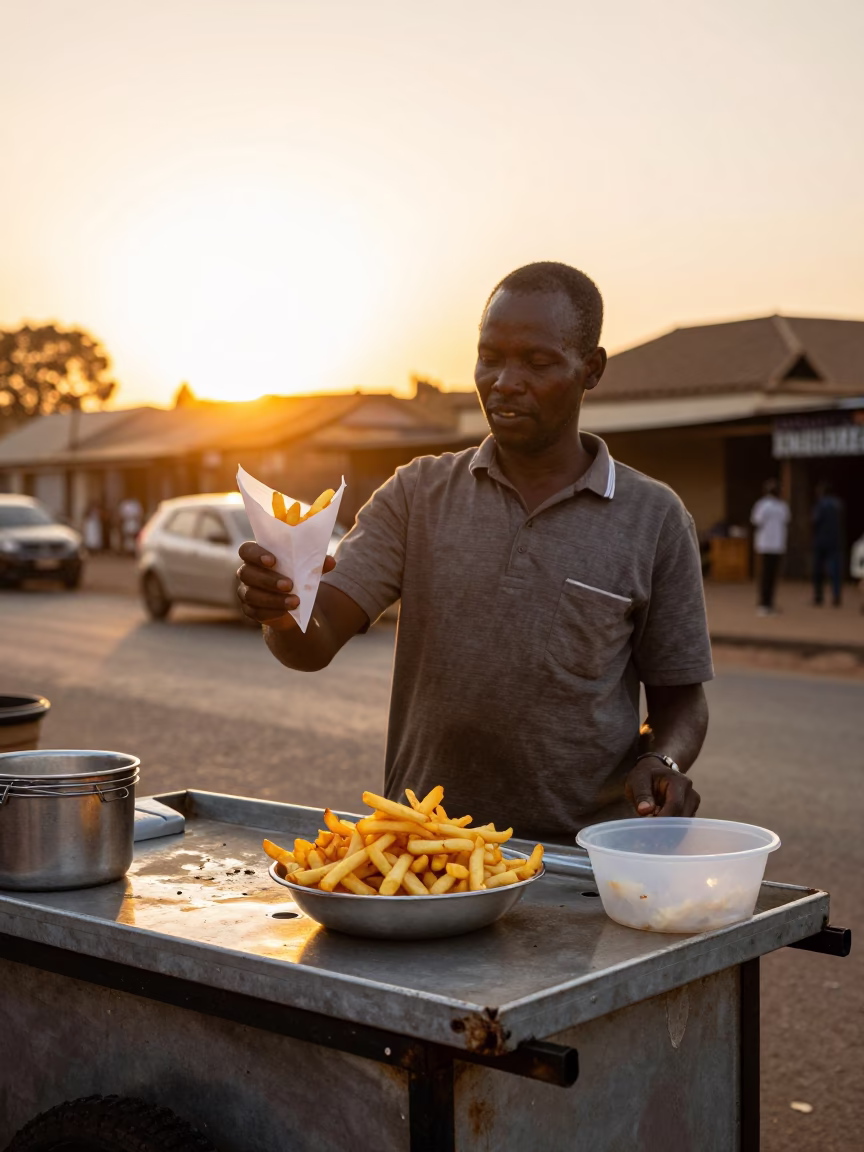 Nairobi Kenya street vendor serving hot frites at sunset with smiling customer in in Nairobi, Kenya