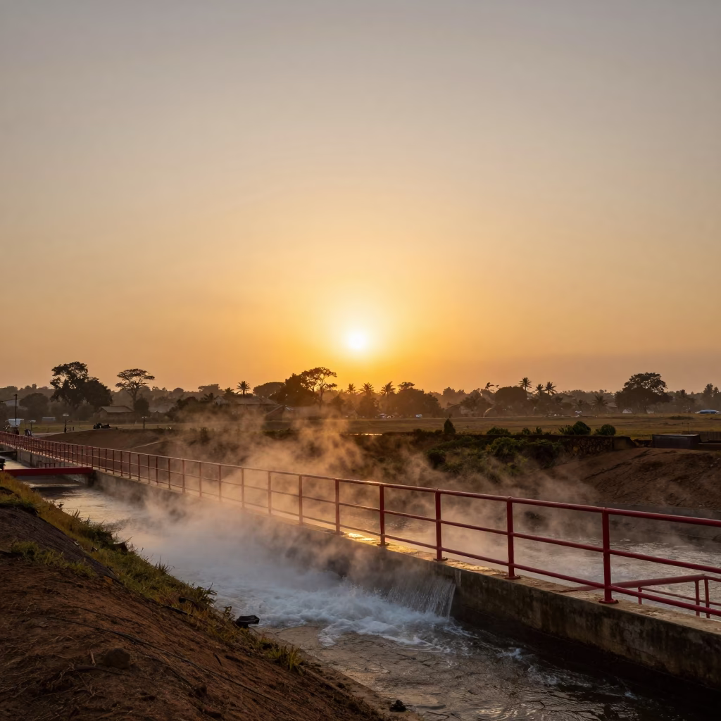 Nairobi Kenya Sunset Landscape with Red Maintenance Railings and Boiling White Spillway Chute in in Nairobi, Kenya