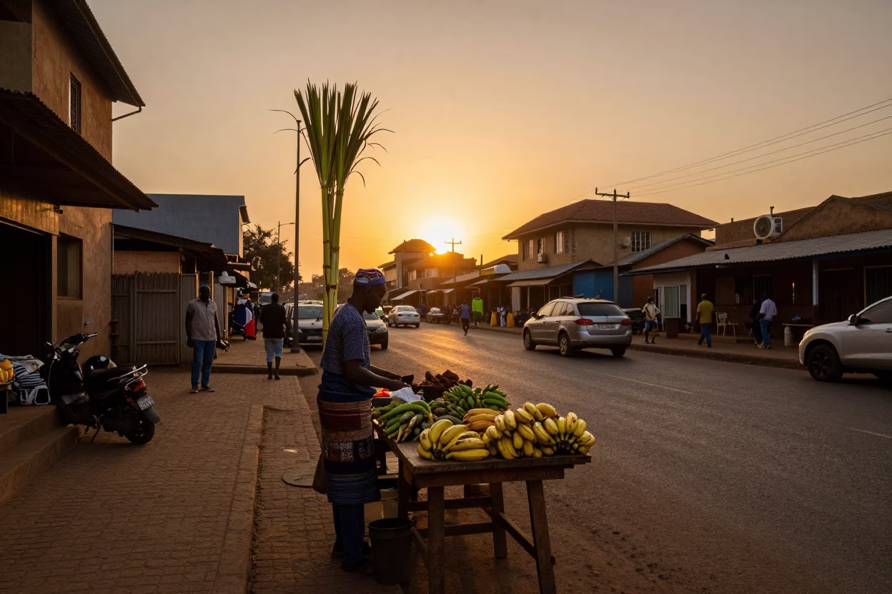 Nairobi Kenya Sunset Street Scene with Bananas and Lemongrass at Market Stall in in Nairobi, Kenya