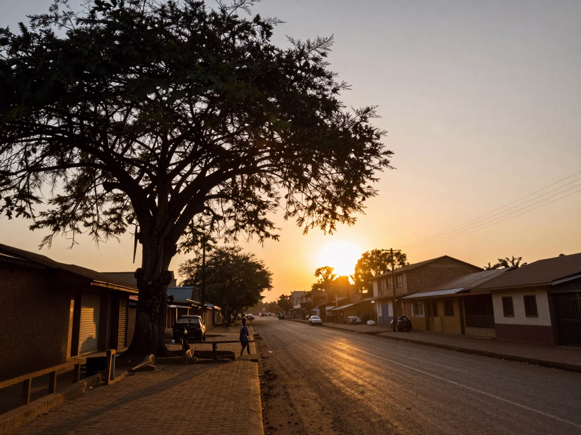 Nairobi Kenya Sunset Street Scene with Banyan Tree and Local Transit in in Nairobi, Kenya