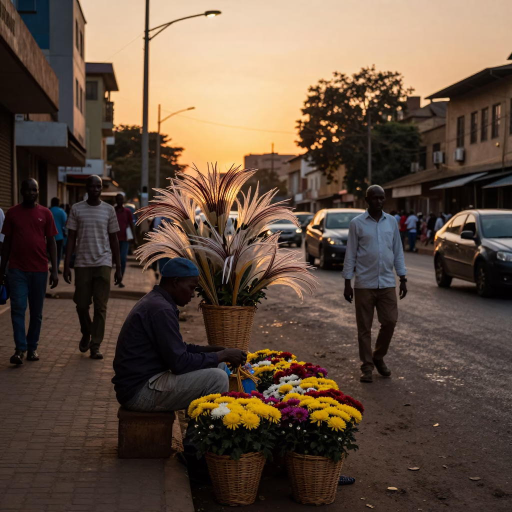 Nairobi Kenya Sunset Street Scene with Chrysanthemum Vendor and Urban Life in in Nairobi, Kenya