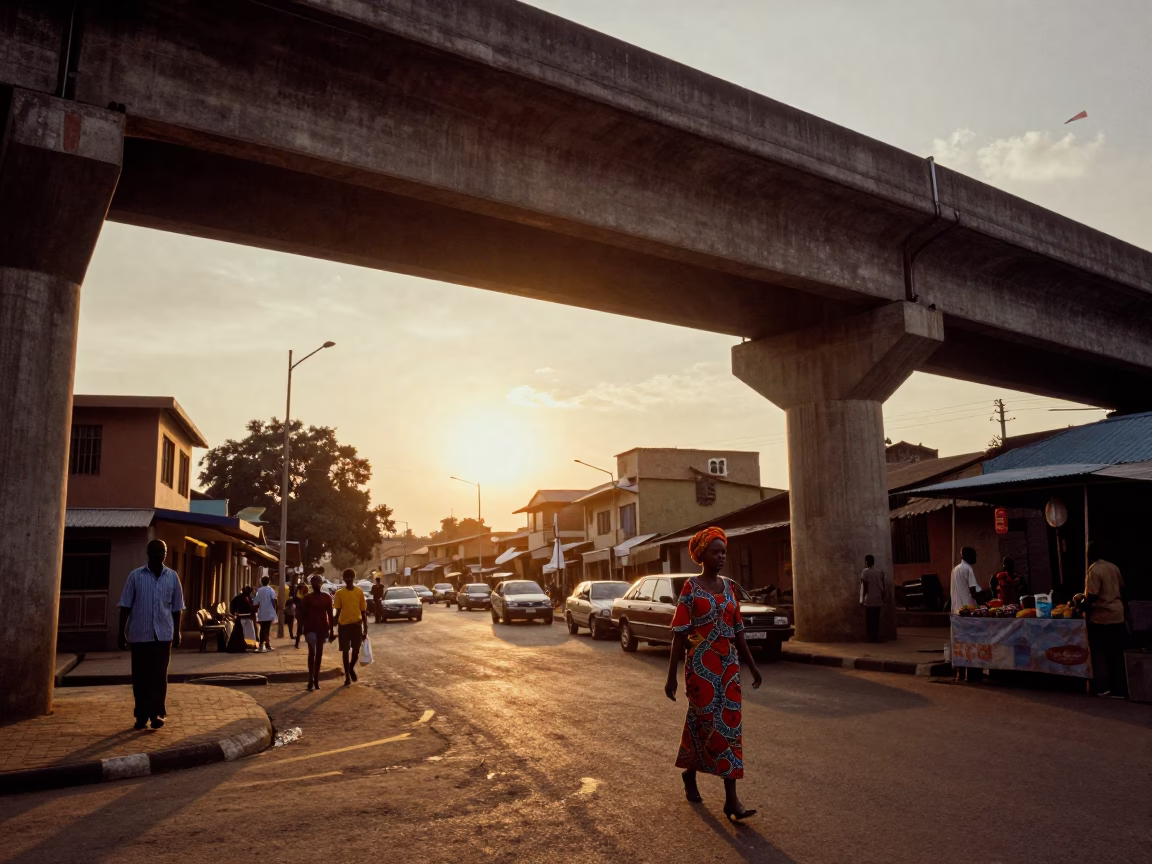 Nairobi Kenya Sunset Street Scene with Concrete Viaduct and Local Life in in Nairobi, Kenya