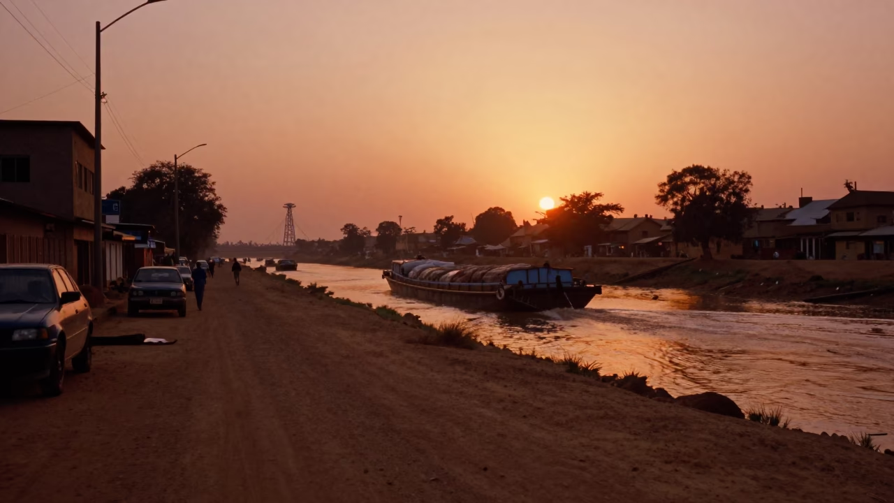 Nairobi Kenya Sunset Street Scene with Distant Dam Infrastructure and Canal Waterway in in Nairobi, Kenya