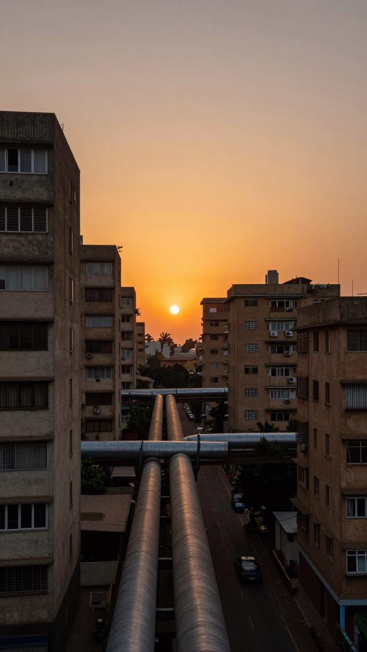 Nairobi Kenya Sunset Street Scene with District Heating Pipes and Concrete Apartment Blocks in in Nairobi, Kenya