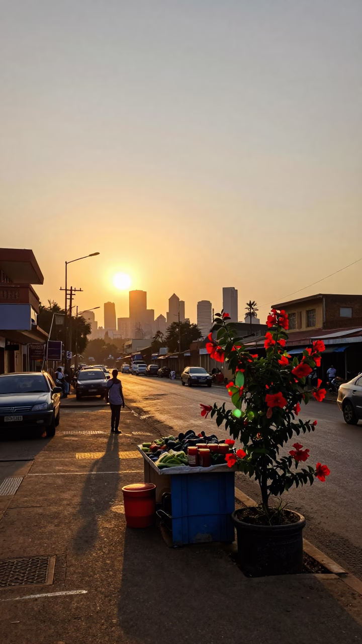 Nairobi Kenya Sunset Street Scene with Flowering Plant and Jam Jar on Table in in Nairobi, Kenya