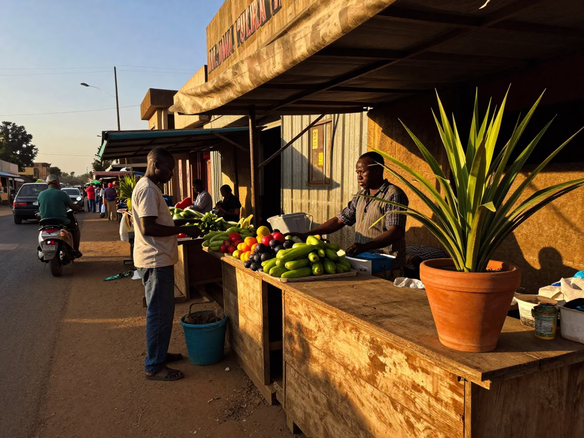 Nairobi Kenya Sunset Street Scene with Local Vendor and Plant Pot in in Nairobi, Kenya