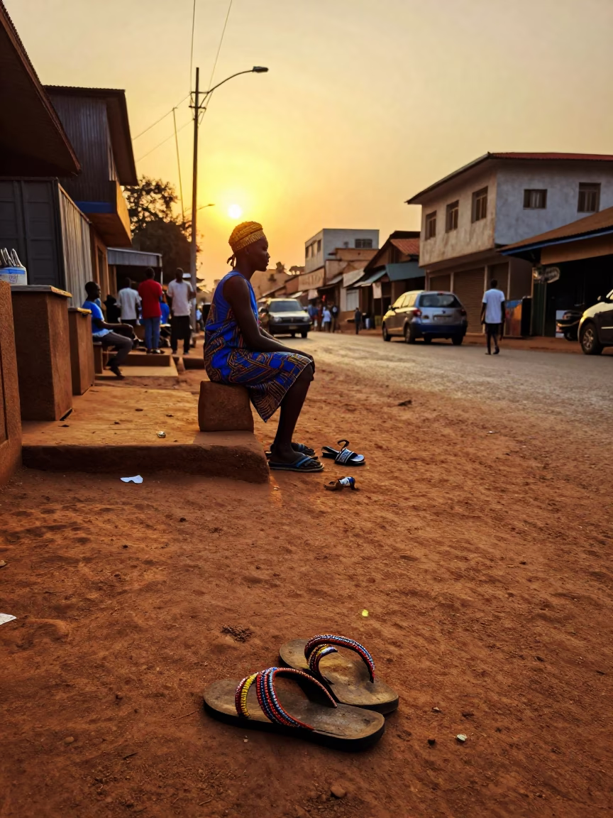 Nairobi Kenya Sunset Street Scene with Local Vendor and Traditional Beaded Sandals in in Nairobi, Kenya