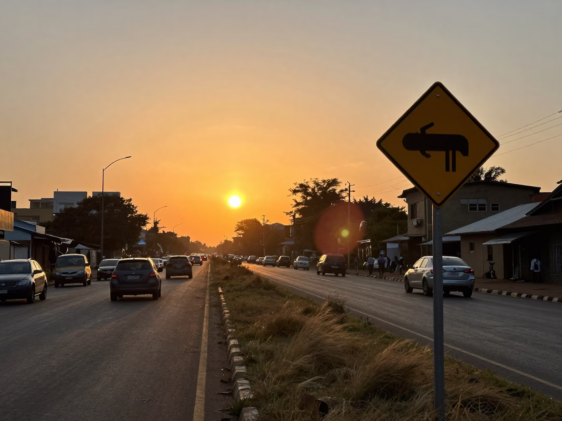 Nairobi Kenya Sunset Street Scene with Pipeline Crossing Sign and Local Traffic in in Nairobi, Kenya