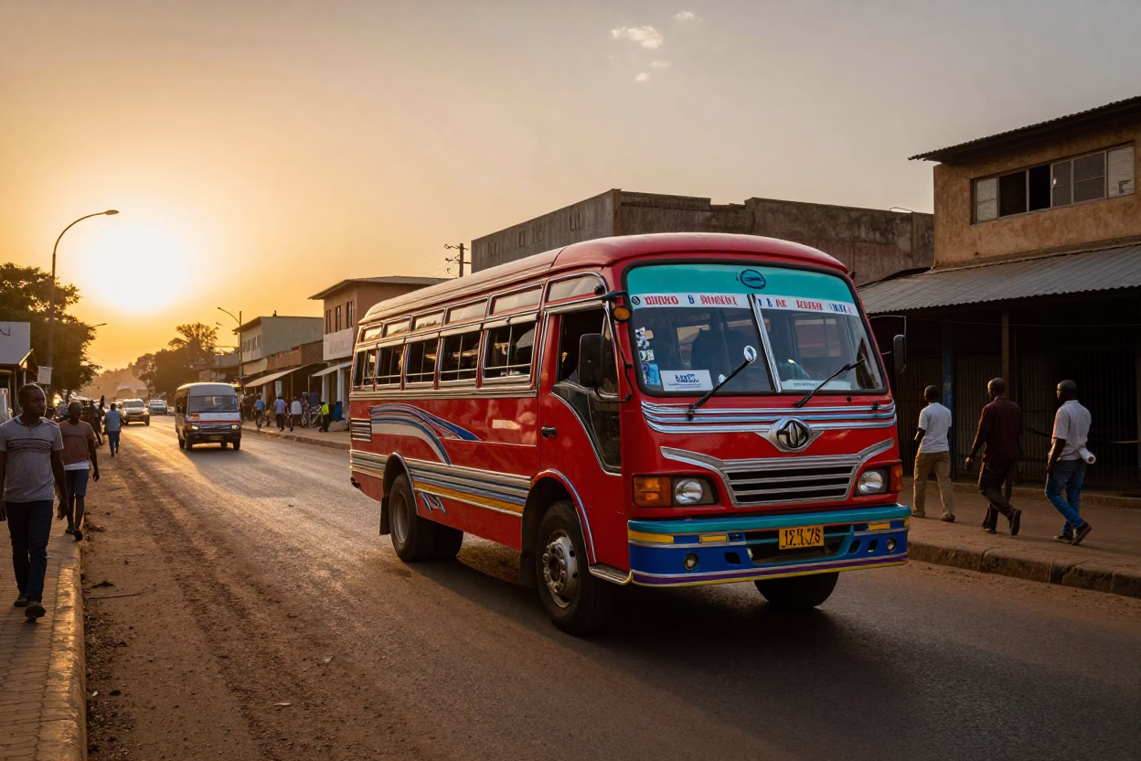 Nairobi Kenya Sunset Street Scene with Red Matatu and Urban Activity in in Nairobi, Kenya
