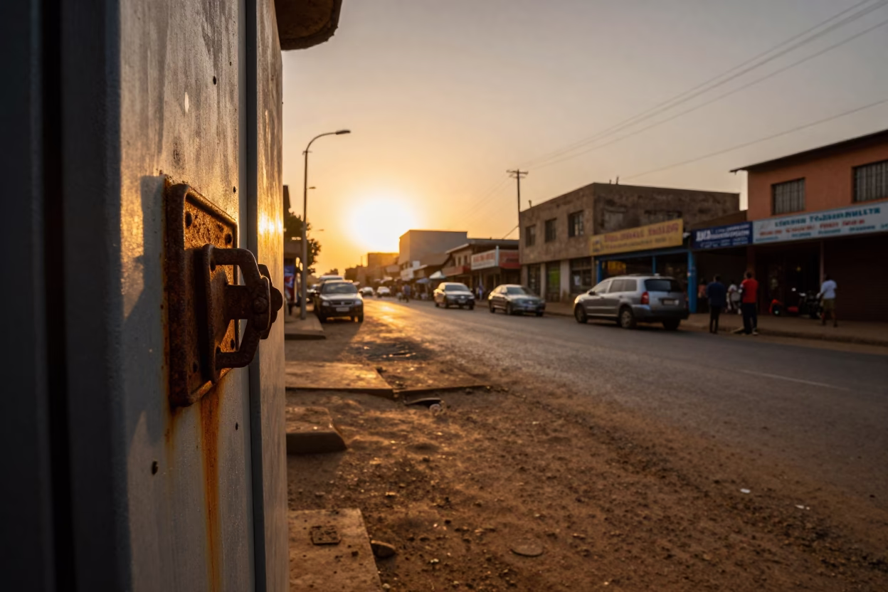 Nairobi Kenya Sunset Street Scene with Rusty Cabinet Latch and Hand Broom in in Nairobi, Kenya